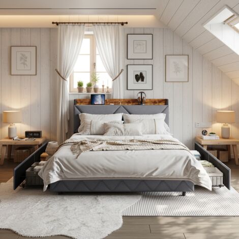 Lit 160x200 cm, avec 4 tiroirs en fer, lit double avec sommier à lattes, tête de lit rangement avec décoration diamant, chargeur USB, velours, Moderne, Gris (1/5)