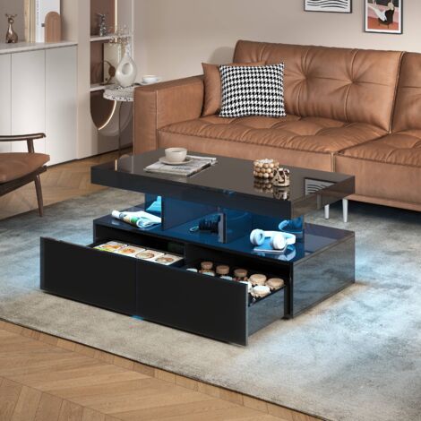 Tanant – Table basse blanche brillante 104cm avec 2 tiroirs et éclairage LED – Meuble moderne pour salon – Dimensions 104x53x46cm