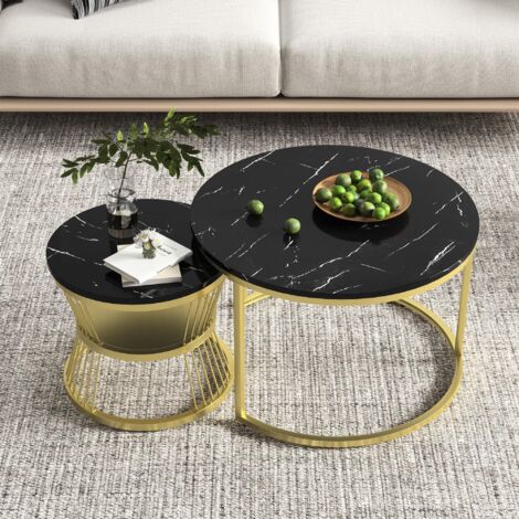 Tanant – Lot de 2 tables basses gigognes 70/45cm – MDF et métal – Motif marbre, cadre doré – Design moderne et sécurisé