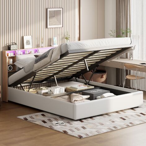 Tanant – Lit coffre 160x200 cm simili cuir blanc – Rangement rabattable sous matelas – Éclairage LED tête de lit – Sommier à lattes durable (1/5)