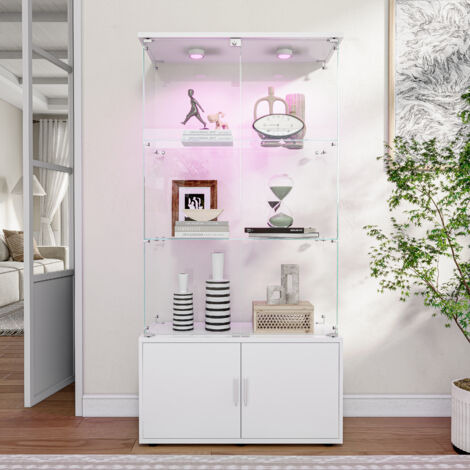 Vitrine en verre, vitrine avec éclairage LED pat, avec 3 niveaux de rangement et 2 portes, vitrine indépendante, Blanc