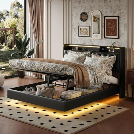 Lit coffre 140x190 cm, lit 140x190, avec éclairage à bande LED intégré et interface UBS/TPYC, avec sommier à lattes, lit double design moderne, Noir (1/5)