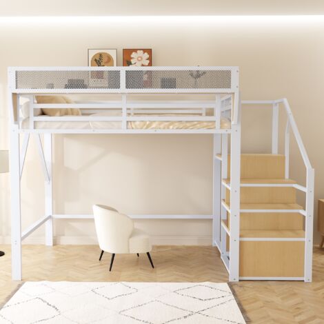 Lit mezzanine 140x200cm - lit enfant avec rangement et escalier, rmoir, cadre de lit en métal, antichute - Blanc