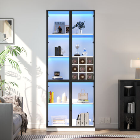 Vitrine verre 200 cm, avec 4 compartiments de rangement et bande lumineuse LED, vitrine indépendante, idéale pour les objets de collection, blanc
