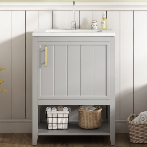Meuble de salle de bain simple vasque, meuble sous-vasque 60 cm avec vasque en céramique, avec étagère, meuble de salle de bain, Gris