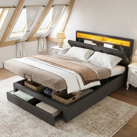 Tanant – Lit coffre 140x190 – Tête de lit réglable avec éclairage LED – Grands tiroirs de rangement – Tissu lin gris – Design moderne (1/5)