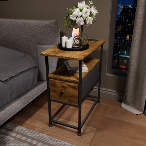 Bout de canapé 60 cm, Table d'appoint un tiroir avec tiroir, multiprise, poignée dorée, design élégant, Marron