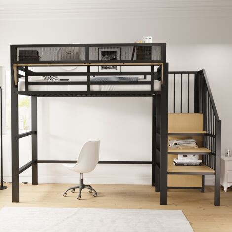 Tanant – Lit mezzanine 90x200cm – cadre en métal noir avec rangement et échelle – design moderne et peu encombrant pour petits espaces