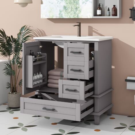 Tanant – Meuble double vasque sur pied avec vasque en céramique – 3 tiroirs silencieux – Résistant à l'humidité – Dimensions 76 x 46 x 83,5 cm