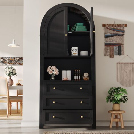 Tanant – Meuble de salle de bain 180 cm – Armoire murale avec 3 tiroirs et 2 portes – MDF noir – Design incurvé et sécurisé