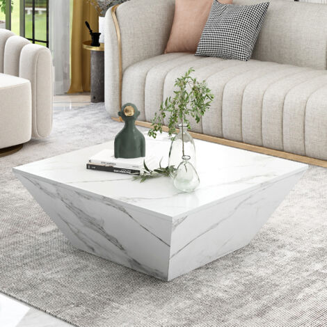 table basse fixe 70x70x37cm - Table basse trapézoïdale en placage de marbre blanc, style moderne - Blanc (1/5)