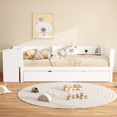 Tanant – Lit gigogne 90x200cm en pin massif avec bureau et 3 étagères – Sommier à lattes – Hauteur 73cm – Capacité 140kg