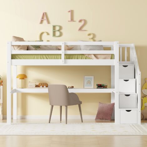 Tanant – Lit mezzanine enfant 90x200cm – 4 tiroirs de rangement et bureau intégré – Pin massif verni – Hauteur 150cm – Blanc