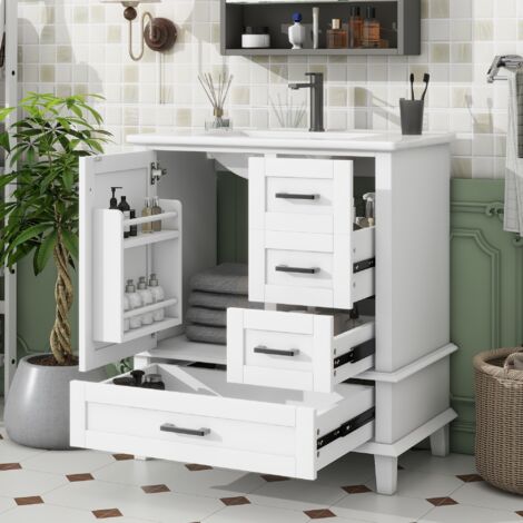 Tanant – Meuble double vasque sur pied avec vasque en céramique – 3 tiroirs silencieux – Dimensions 76 x 46 x 83,5 cm – Rangement optimal