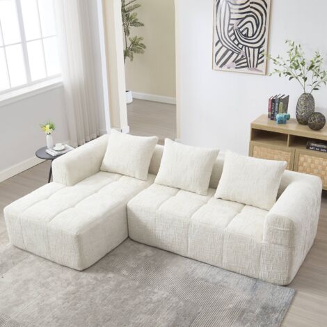 Tanant – Canapé d'angle 3 places avec poches latérales – 3 coussins rembourrés – Tissu chenille beige – Design moderne – Dimensions 158x250x60cm (1/5)