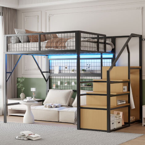 Lit mezzanine 140 x 200 cm, lit enfant avec penderie ouverte et escalier de rangement, cadre de lit en métal, sommier à lattes, bande lumineuse LED, design moderne, Noir