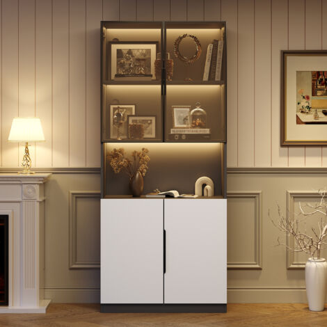Vitrine vitrée, avec éclairage LED à couleurs changeantes et 5 compartiments de rangement, poignées noires, design moderne, 80 x 30 x 200 cm, Noir (1/5)