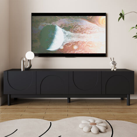 Meuble TV 169 cm, avec portes incurvées en tôle ondulée, étagères et pieds stables, Grand espace de rangement, design moderne, Noir