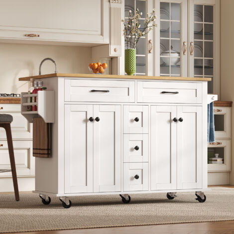 Tanant – Desserte de cuisine extensible 120x65 cm – 5 tiroirs – porte-épices et porte-serviettes – sur roulettes – îlot de cuisine blanc