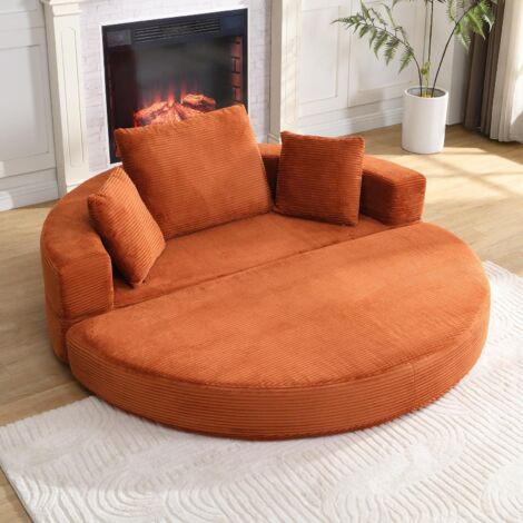 Canapé-lit modulable en velours côtelé, 173x176 cm – Format ovale, livré avec coussins, pour appartement, salon ou chambre – Orange