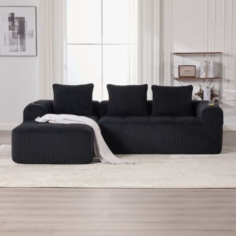 Canapé 3 places velours côtelé - Modulaire, inclut 3 coussins, poches et porte-gobelets, pour séjour/bureau - Noir (1/5)