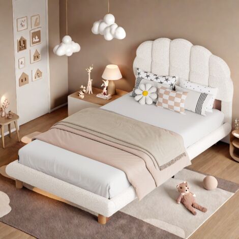 Lit simple enfant 90x200 cm, tissu peluche, tête de lit tapissée, cadre de lit, sommier à lattes, lit enfant lit pour garçons et filles, Blanc