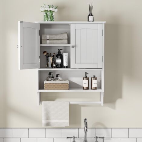 Armoire murale de salle de bain, avec étagères réglables, 2 portes et étagères ouvertes, porte-serviettes, 56 x 19 x 70 cm, Blanc (1/5)