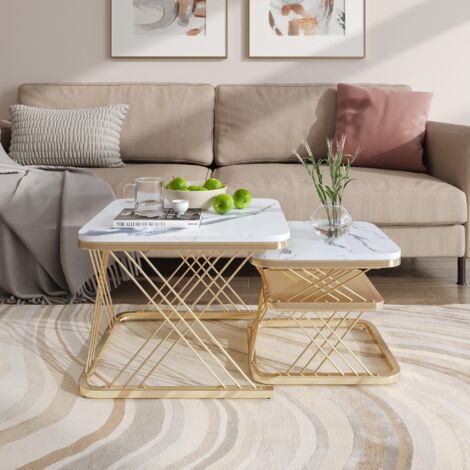 Lot de 2 tables basses gigognes carrées, avec motif en marbre et cadre en métal, petite table basse moderne pour la maison – or + blanc (1/5)