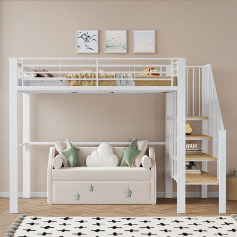 Lit mezzanine 140 x 200 cm, lit enfant avec sommier à lattes, cadre de lit en métal, escalier, design moderne, blanc (1/5)