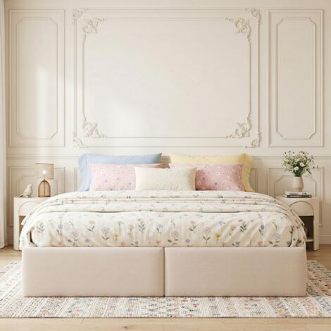 Lit coffre 140x190, Lit double 140x190 - Sans Tête de Lit, avec 2 Grands Tiroirs et Sommier à Lattes, Style scandinave - Beige