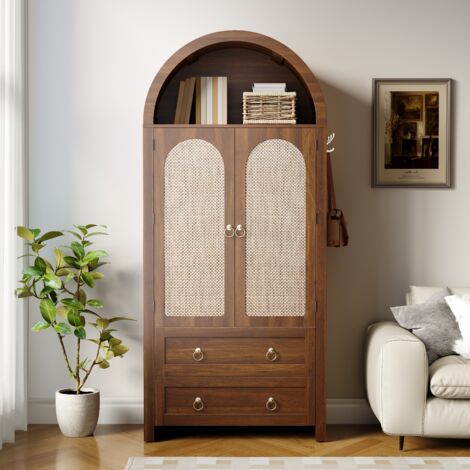 Armoire Rotin 180 cm, Armoire Cintrée - 2 Portes, 2 Tiroirs avec Poignées Métal, Meuble de Rangement Bois - pour Salon/Chambre - style campagnard, Marron (1/5)
