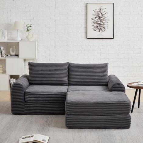 Canapé Modulaire 2 Places en Velours Côtelé – Accoudoirs Courbes Design, Convertible avec Pouf Amovible et 2 Coussins – Configuration Flexible, Gris