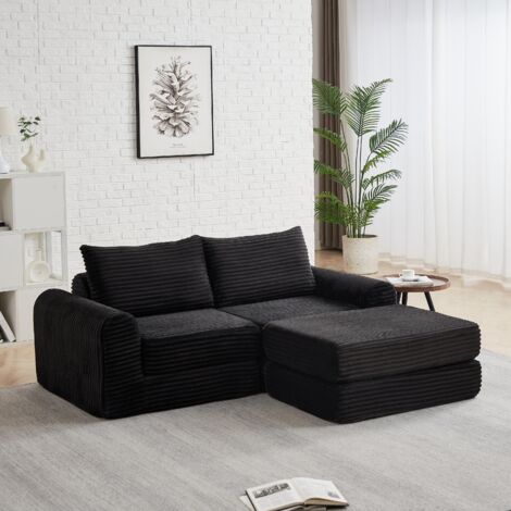 Canapé Modulaire 2 Places en Velours Côtelé – Accoudoirs Courbes Design, Convertible avec Pouf Amovible et 2 Coussins – Configuration Flexible, Noir