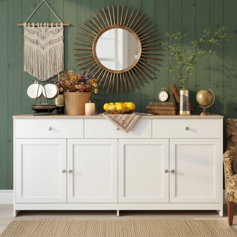 Buffet 160 cm avec 3 Tiroirs et 4 Portes– Buffet Scandinave, Grand Espace de Stockage pour Salon ou Chambre – Blanc
