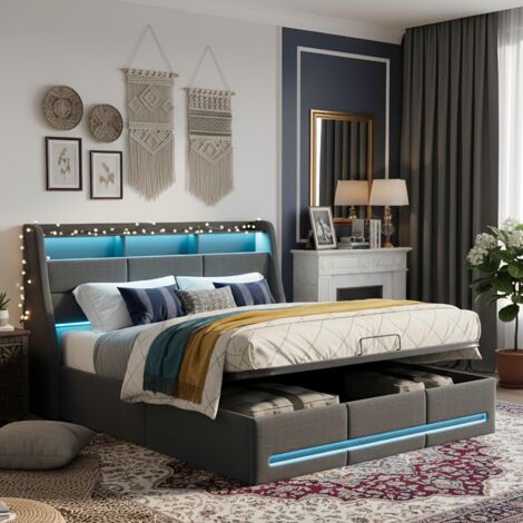 Lit double coffre 160x200, en Lin – LED et Ports USB, Sommier à Lattes, Rangement, Design Moderne – Gris (1/5)