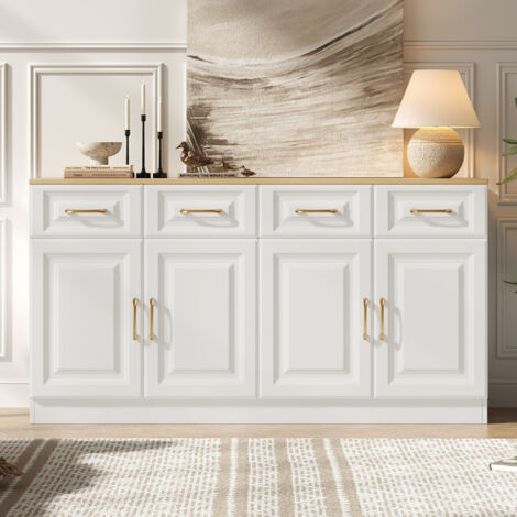 Commode 140 x 40 x 75 cm, avec 4 tiroirs et 4 portes, poignées en métal, buffet de rangement, design moderne, idéal pour la cuisine, la salle à manger et le salon, Blanc (1/5)