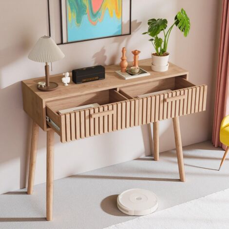 Bureau en Bois, Table d‘Entrée Rustique avec 2 Tiroirs – Meuble Multifonction pour Salon, Entrée, Chambre – Naturel