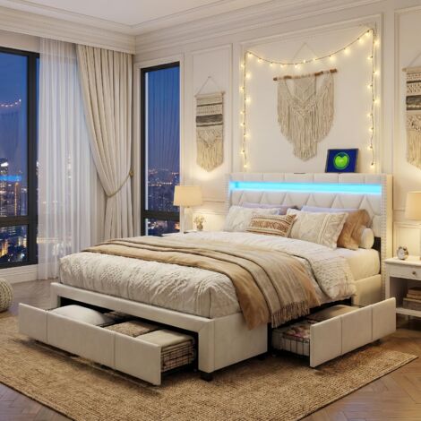 Lit double 160x200 avec 4 tiroirs – LED et USB, sommier lattes, Tête de Lit Capitonnée en Lin – Beige