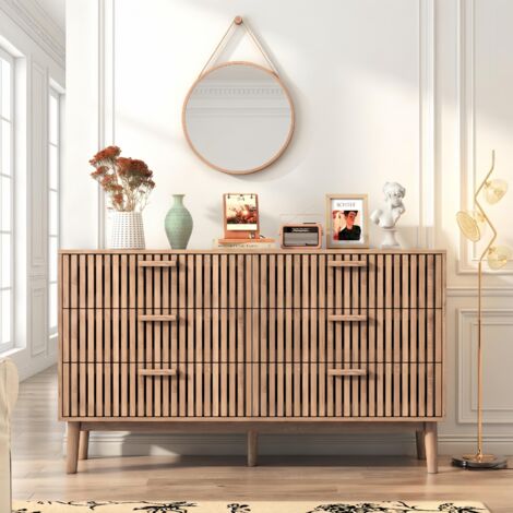 Buffet bois 6 tiroirs 100 cm – Meuble de Rangement, Poignées en Bois, Couleur Bois Naturel, pour Salon ou Chambre – Naturel
