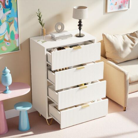 Commode Scandinave 60 cm avec 4 Tiroirs – Meuble de Rangement, Poignées Métal et Pieds Dorés – Tissu Blanc