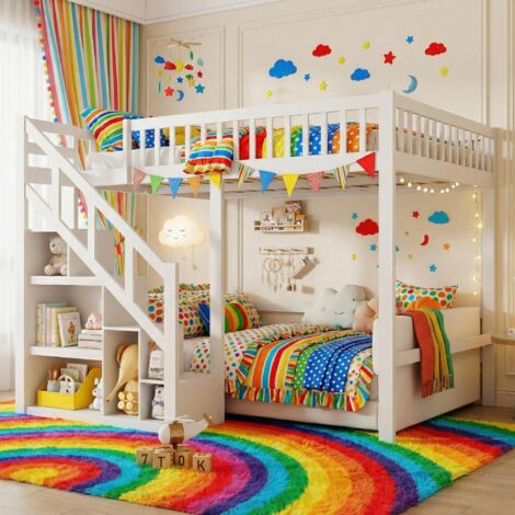 Lit Mezzanine 90x200 avec Escalier Rangement – 2 places, Garde-Corps de Sécurité et Sommier à Lattes – Blanc
