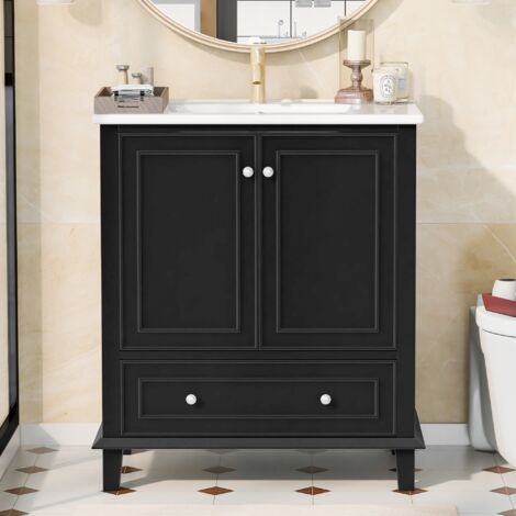 Meuble Salle de Bain Sur Pied 73 cm - Vasque Céramique et Pieds en Bois Massif - Structure Hydrofuge - Poignées Noires - Blanc