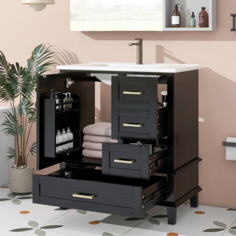 Meuble Salle de Bain Meuble Vasque 76cm - Vasque Céramique et 3 Tiroirs Soft-Close - Étagères de Porte et Tablettes Réglables -  Laqué, Noir