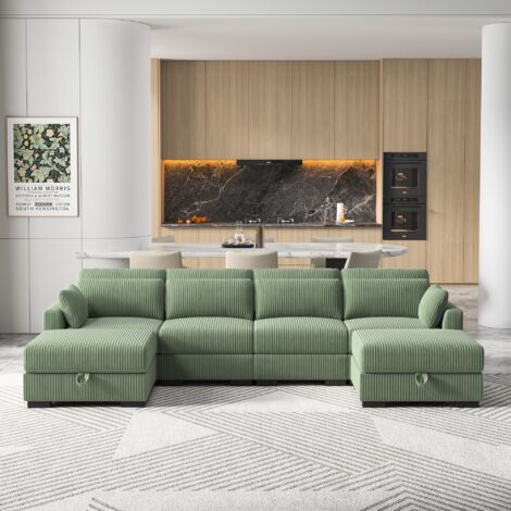Canapé 4 Places Modulable avec Poufs – Canapé Ergonomique avec Accoudoirs, Confortable et Spacieux, Configuration Flexible – Velours côtelé, Vert (1/5)