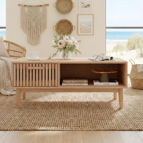 Table Basse 100 cm avec Tiroir et Rayures – Table d‘Appoint avec Niche Ouverte, Pieds en Bois, pour Salon – Naturel