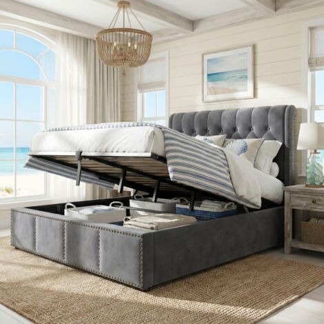 Lit coffre 160x200, Lit double en Velours Rangement – Sommier à Lattes, Tête de Lit Losange Capitonnée – nordique, Gris