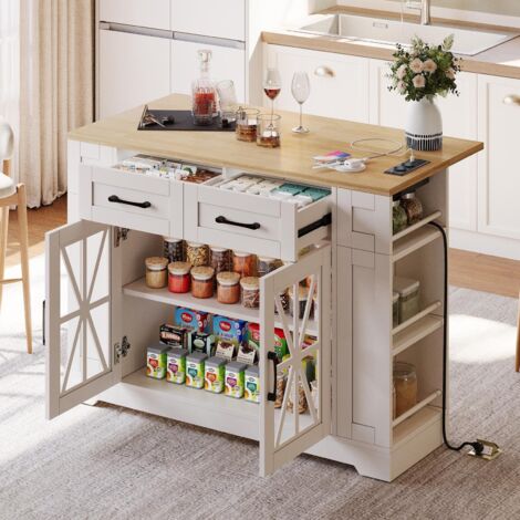 Desserte de cuisine 120 cm, rangement ouvert, stratifié réglable, boîtier de prises et port USB, roulettes avec freins, Blanc (1/5)
