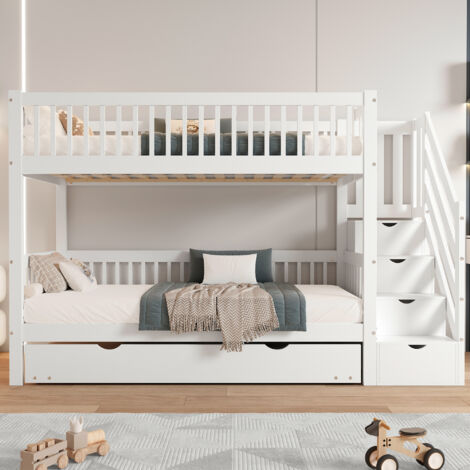 Lit superposé 90 x 200/190 cm, lit enfant avec escalier de rangement, barrière antichute, sommier à lattes coulissant, Bois, design moderne, Blanc