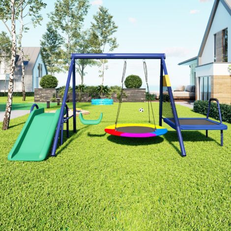 Balançoire d'extérieur 2 en 1 avec toboggan, trampoline, balançoire nid ronde et balançoire en plastique, paradis de jeux d'extérieur - Bleu