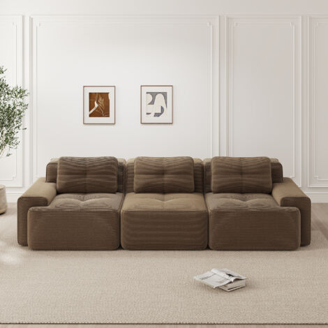 Canapé modulaire 3 places, velours côtelé – confort profond, Design nuage sans structure, 3 coussins moelleux - Marron (1/5)
